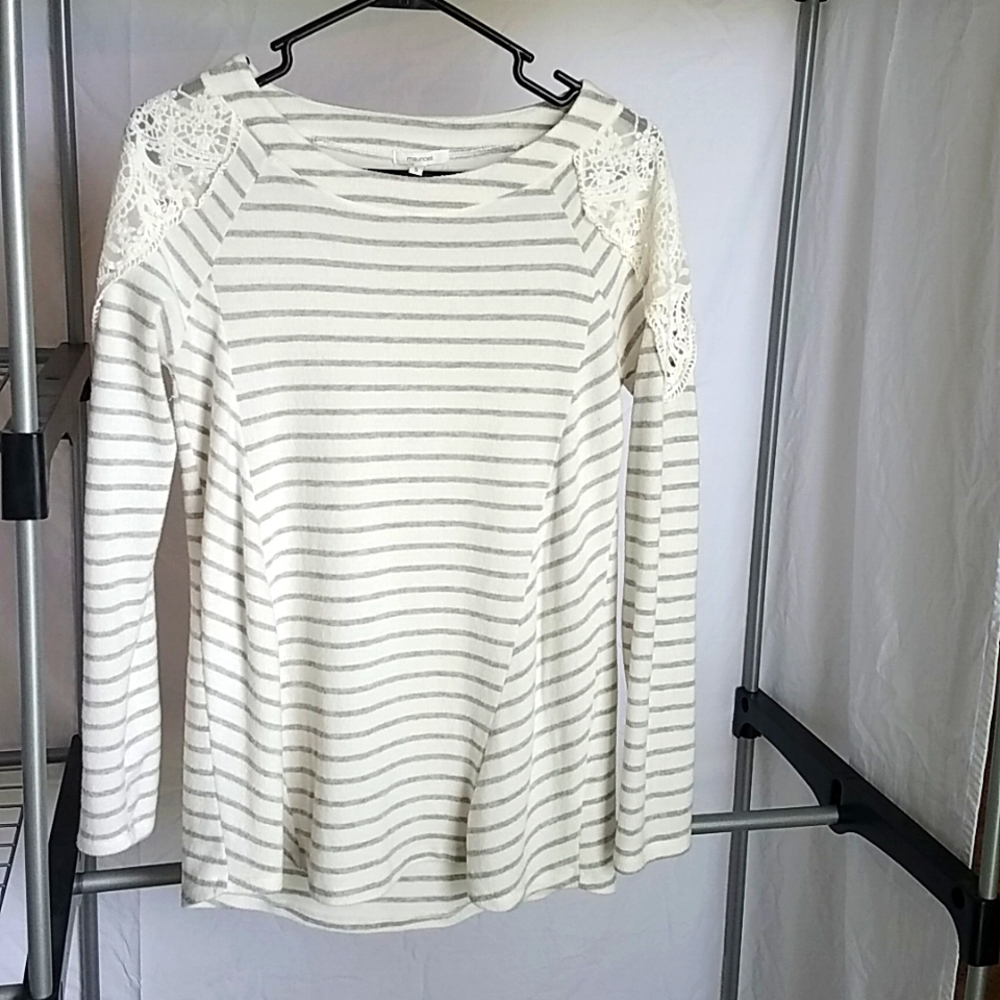 Maurice cream and grey striped sweater w/lace